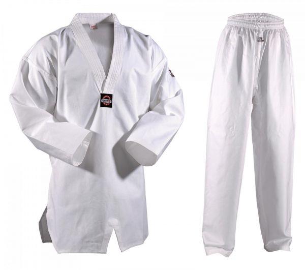 Weißer Danrho 8oz Taekwondo Anzug Kukkiwon mit weißem Revers