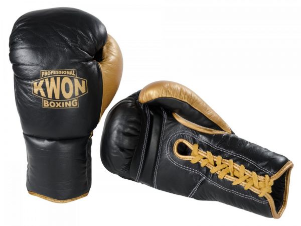 Boxhandschuhe Leder mit Schnürung von KWON in Schwarz-Gold 1